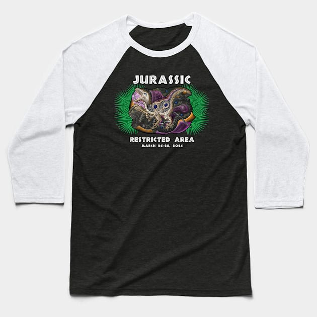 Jurassic Restricted Area Baseball T-Shirt by Lady Jenji